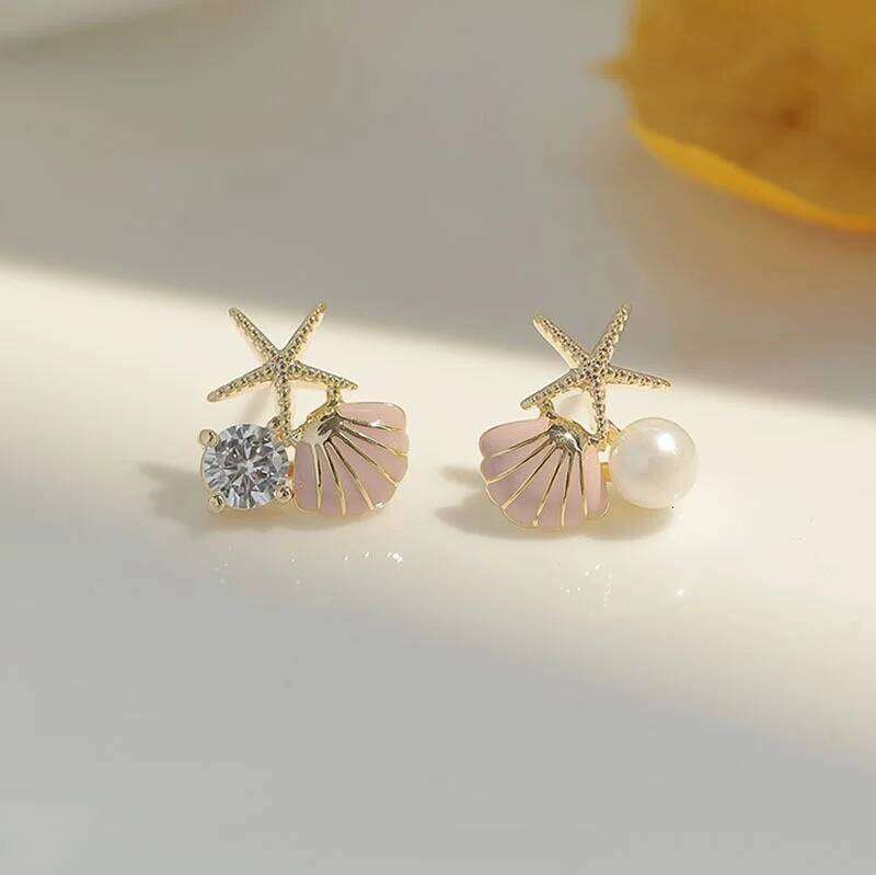 Fashion Asymmetric Ocean Style Earrings Stud For Women Starfish Shell Earring Ear Ring Imitation Pearl Zircon Jewelry Gift 25H1226