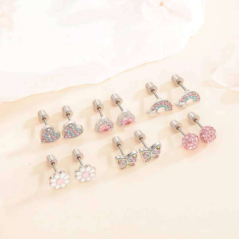 6 pairs of stainless steel screw stud earrings, such as hearts, flowers, butterflies, rainbows, set with shiny zircon earrings. 25H1226