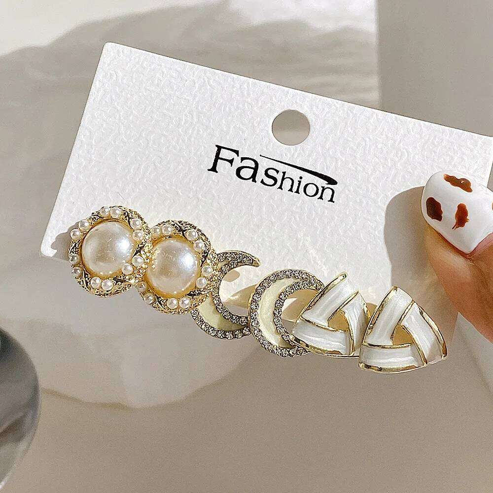LATS Bow Fishtail Pearl Moon for Women Popular Gold Color Crystal Earrings Set Fashion Jewelry Accessories Gifts 25H1226