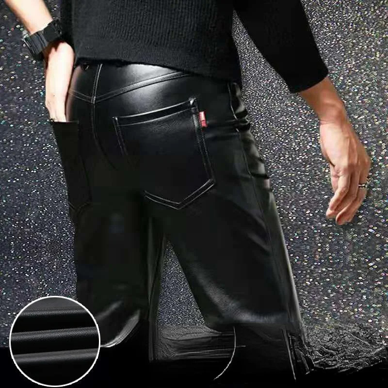 Mens Leather Pants Slim Fit PU Elastic Single Layer Motorcycle Man Waterproof OilProof Young 251226