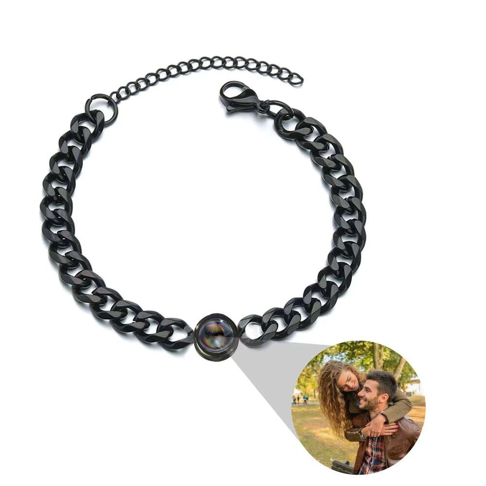 17+5cm Stainles Cuban Personalized Circle Photo Bracelet Custom Projection Personality Memorial Birthday Christmas Gift 25T1226