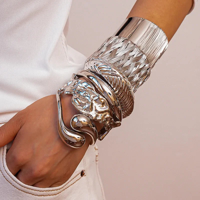 Multistyle Silver Color Metal Bangles Hollow Woven Irregular Wide Spring Open Cuff Bracelets Daily Steampunk Hand Jewelry F 251219