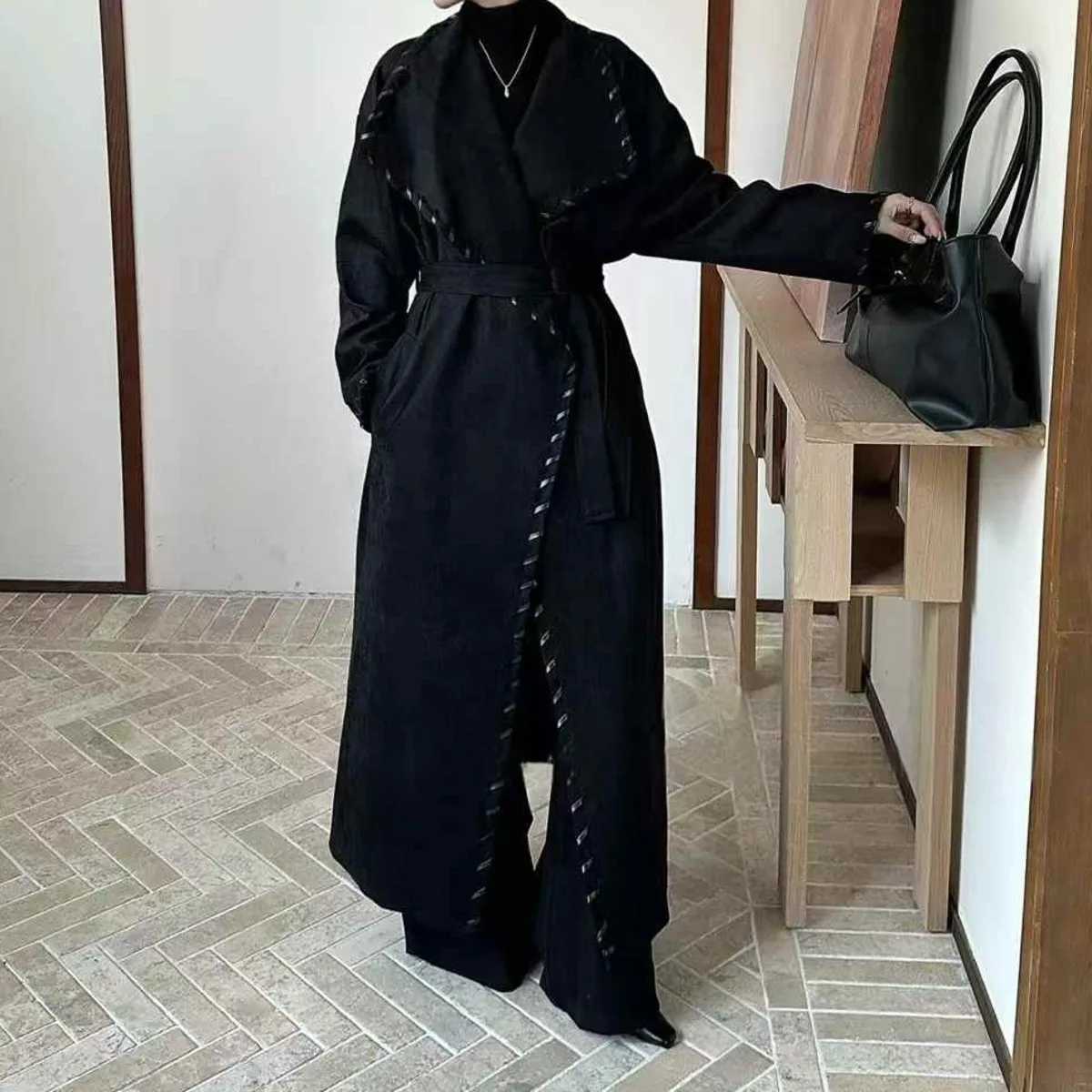 DNBS Womans Coat Pure Color Double-breasted Scarf-style Long Suitable Occasions 2025 Spring Style Length Windbreaker JacketT251226