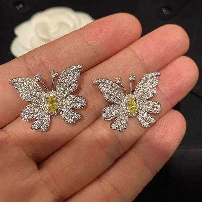 Huitan Gorgeous Yellow Butterfly Stud for Women Aesthetic Accessories Wedding Earrings Fancy Gift Statement Jewelry