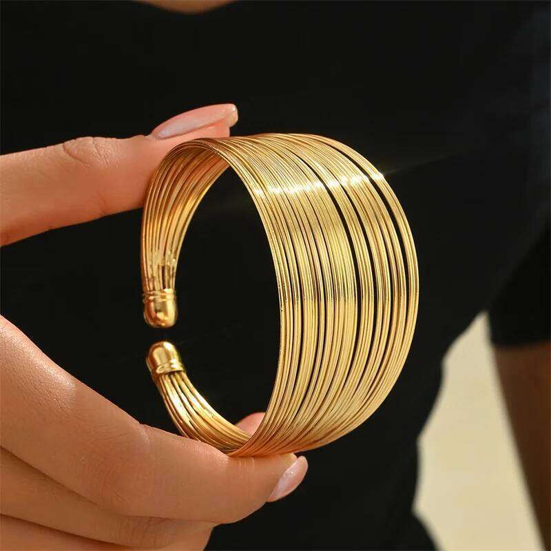 Vintage Gold Color Multi-Layer Opening Wide Cuff for Women Exaggerated Metal Lines Wrist Bracelet Party Jewelry Gift 25T1226