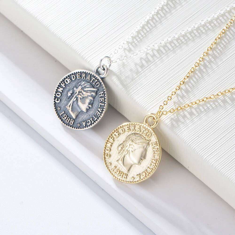 Fulsun 925 Sterling Silver Antique Jewelry Retro Switzerland Hero Confederatio Helvetica 5 1988 Round Coin Necklaces 25N1226