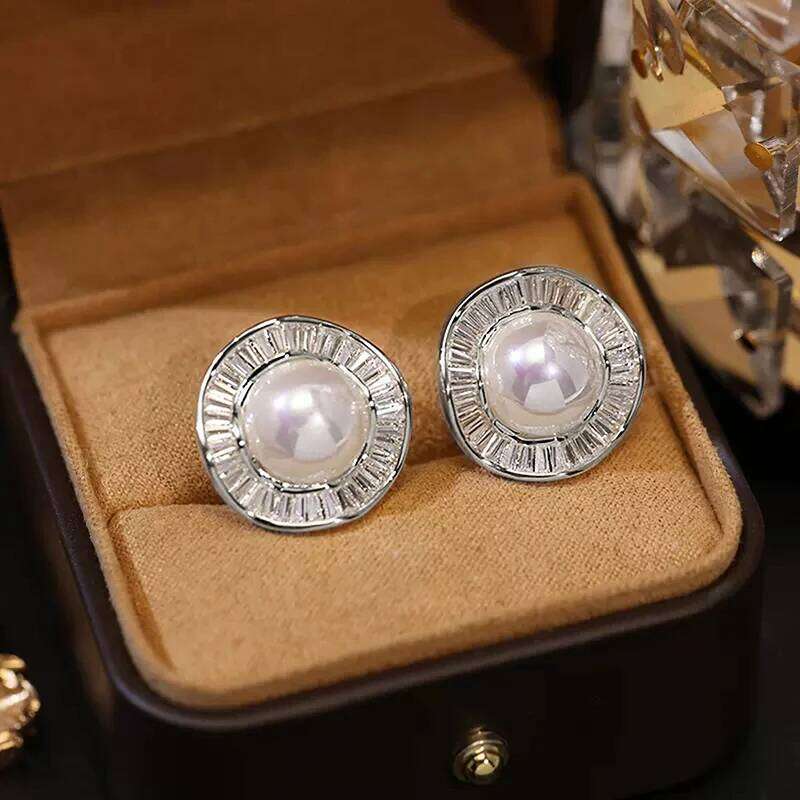 Huitan Irregular Round Shaped Simulated Pearl Stud Women Silver Color Modern Lady's Daily Wear Earrings Fashion Jewelry