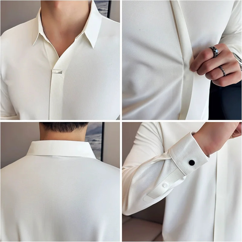 High Elastic V-neck Non-marking POLO Shirt Autumn Long sleeved Casual Business Solid Color T-shirt Mens Clothing 251222