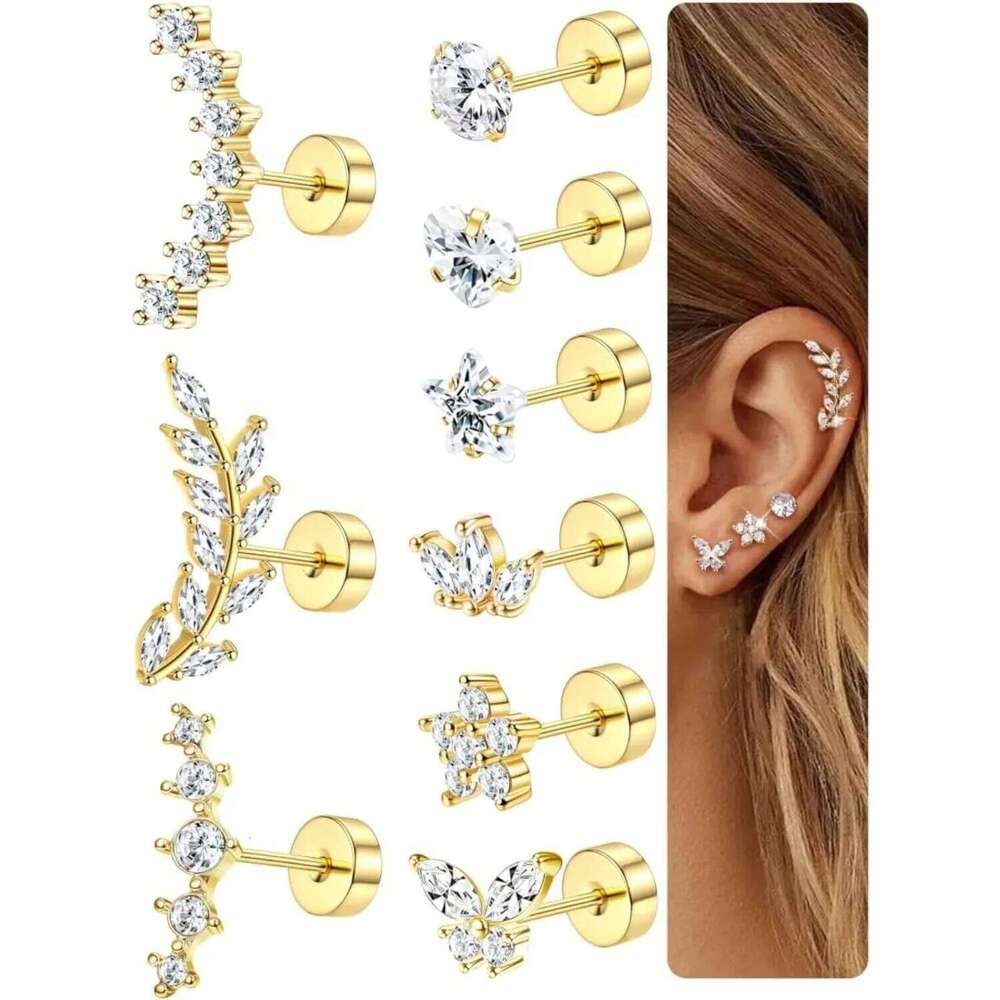 Bobisty Surgical Steel Cartilage Studs Earrings Hypoallergenic Earring Set Flat Back Helix Tragus Piercing Jewellery for Women 25H1226