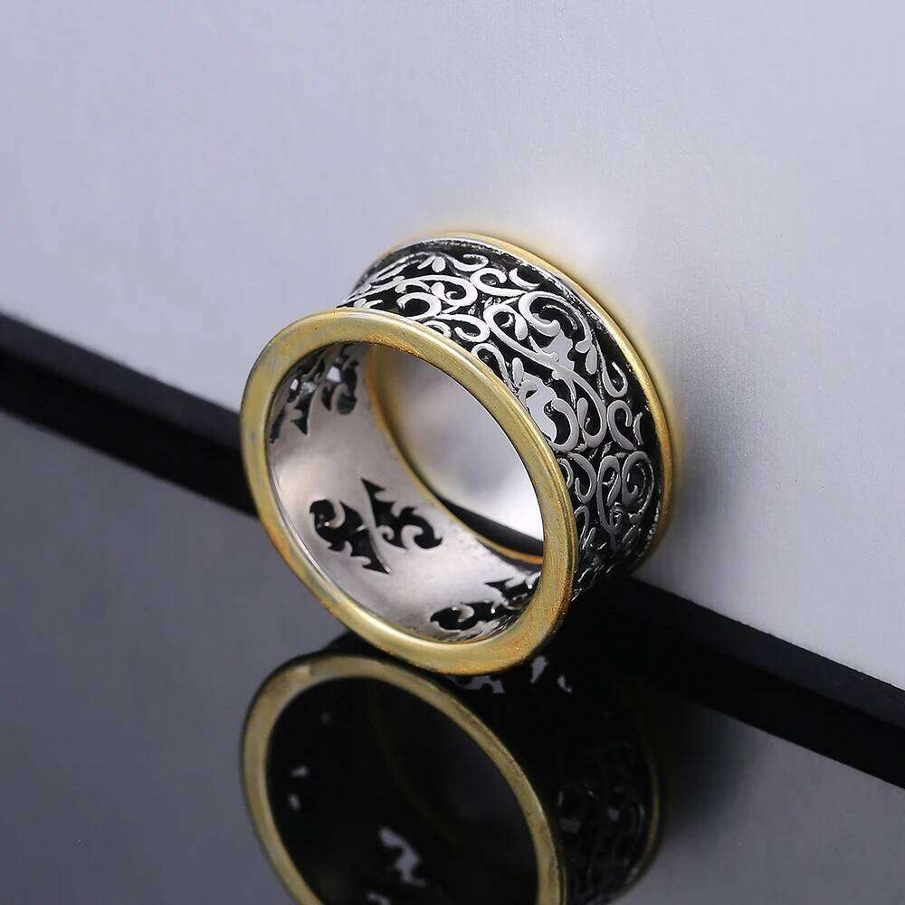 Huitan Vintage Pattern Rings Women Two Tone Punk Style Female Daily Wear Accessories Hip-hop Ring Retro Party Versatile Jewelry