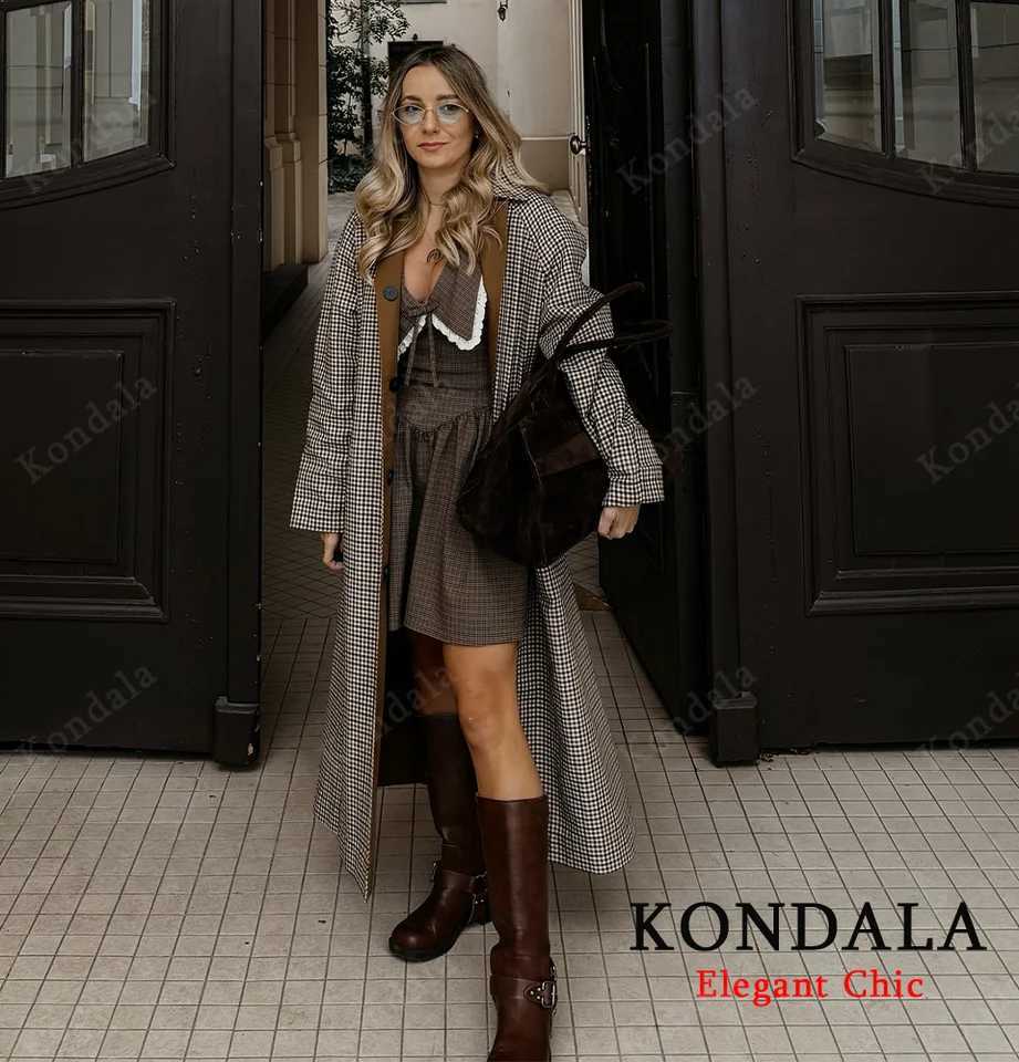 KONDALA Urban Vintage Trench Coat Womens Fall Winter Brown Reversible Wear Long Coat 2025 Fashion Elegant Commute Ladies CoatT251226