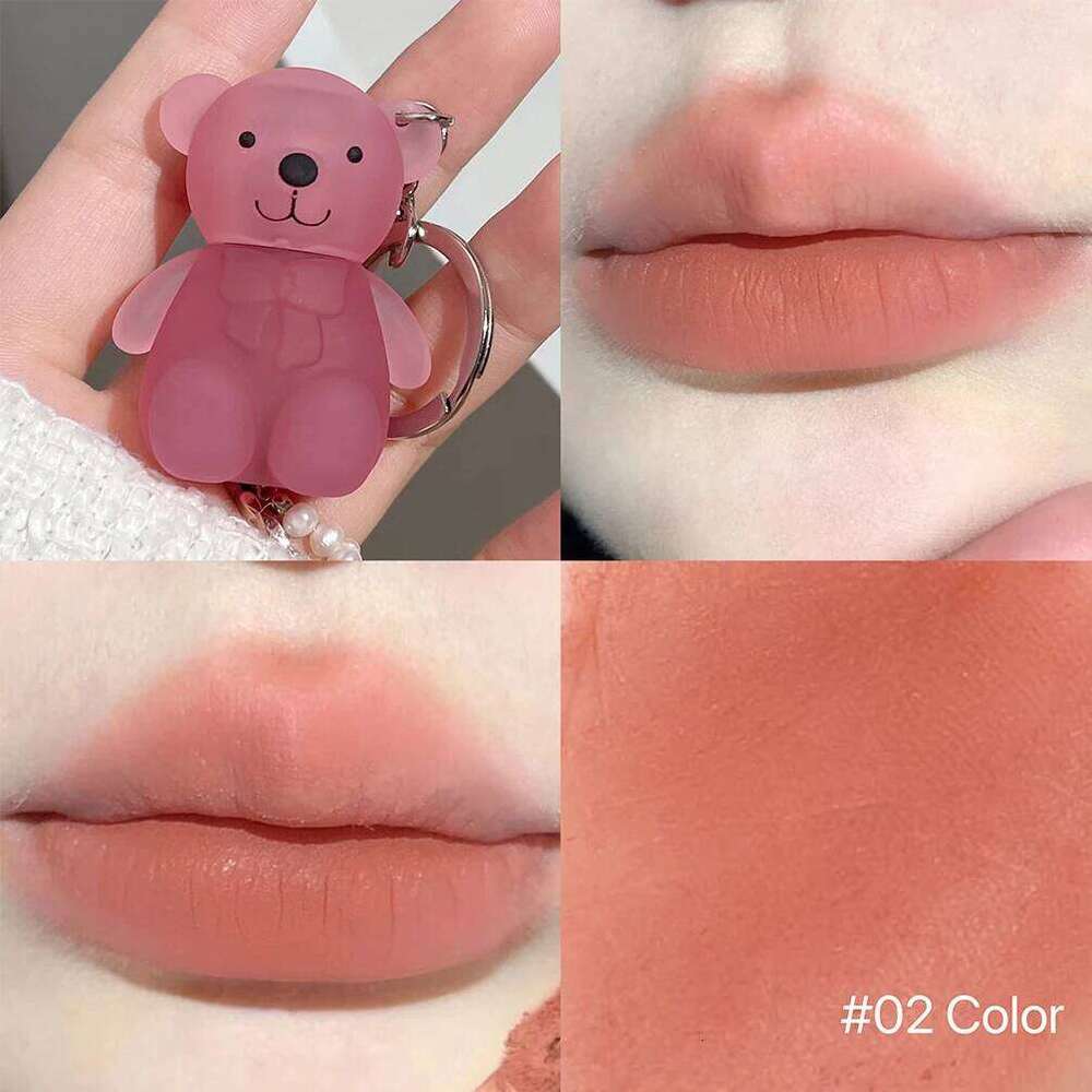 Cute Bear Velvet Mud Keychain Matte Nude Red Lip Gloss Autumn Winter Non-stick Cup Lipstick Waterproof Lasting Lips Makeup 25H1226