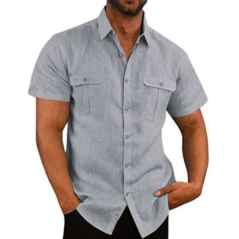 Cotton Linen Hot Sale Men Short-Sleeved Summer Solid Color Stand-Up Collar Casual Beach Style Plus Sizemale Shirts M-5Xl