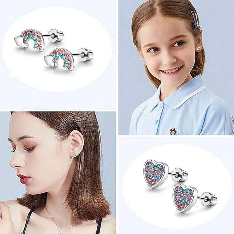 6 pairs of stainless steel screw stud earrings, such as hearts, flowers, butterflies, rainbows, set with shiny zircon earrings. 25H1226