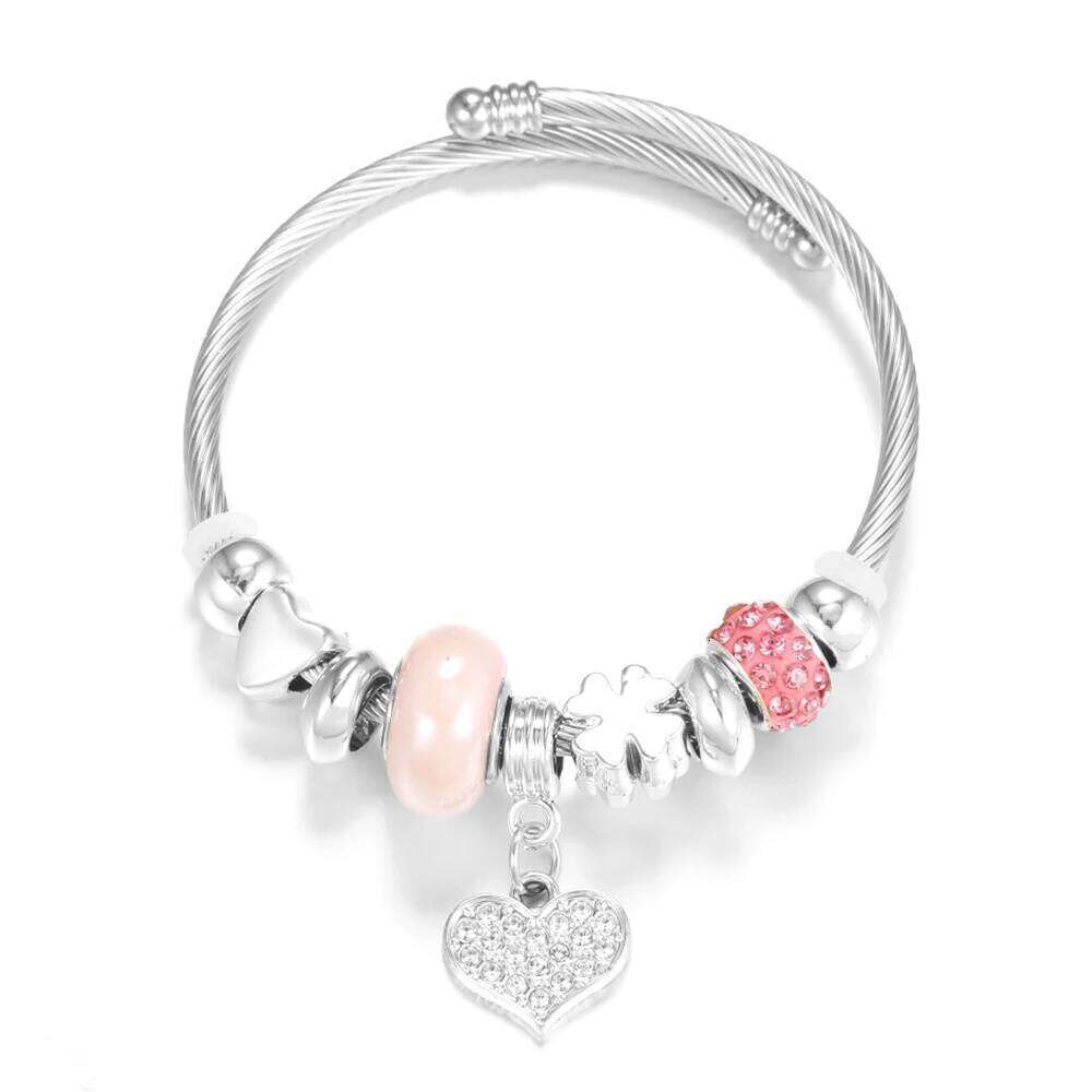 Heart-Shaped Rhinestone Stainless Steel Beaded Bracelet Women Glamorous Crystal 4 Colors Closure Adjustable Bangles Jewelry Gift 25T1226