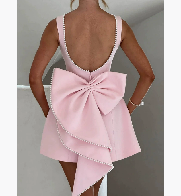 Casual Dresses Elegant Pearl Bow Backless Sexy Mini Dress Women's Luxury Party Short White Black Pink Birthday Evening Wedding