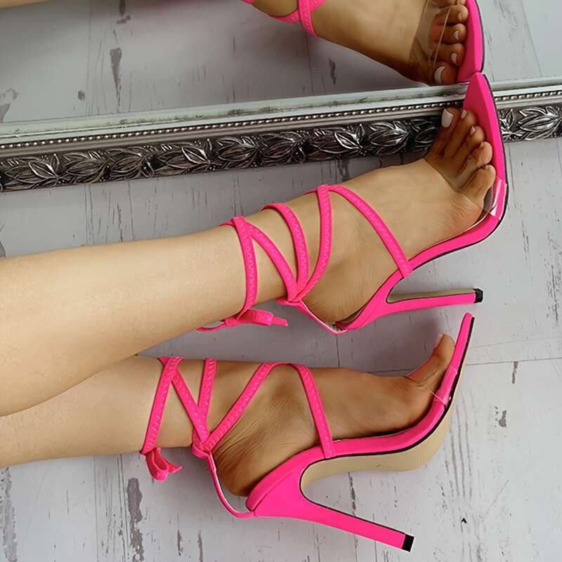 CHICME Women S Sandals Open Toe Stiletto With Lace Up Straps Bright Pink Fabric Upper TPR Sole Elegant Party High Sandals Evening Wear Shoes Sleek Hee
