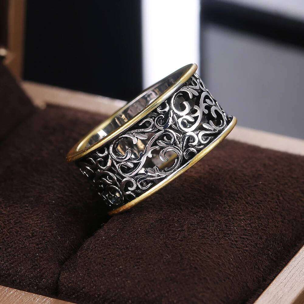 Huitan Vintage Pattern Rings Women Two Tone Punk Style Female Daily Wear Accessories Hip-hop Ring Retro Party Versatile Jewelry
