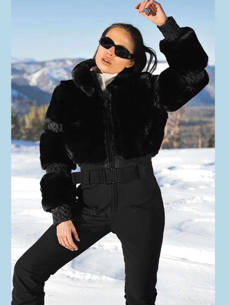 Women Fuax Fur Splicing Zipper Jumpsuit Long Sleeved Solid Color Waistband warm Jacket Fashion Winter Ski Sportswear 251225