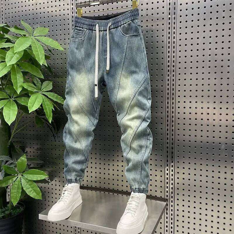 Trendy Men's Splicing Casual Elastic Waist Blue Old Jeans Loose And Versatile Fashion Harlan Pants