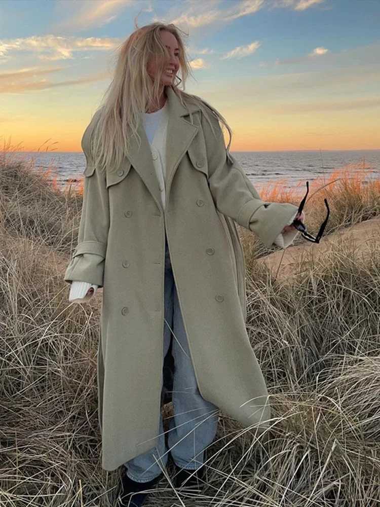 Street Double Breasted Belt Overcoat Women Loose Solid Lapel Full Sleeve Pocket Long Jacket 2025 Autumn Winter Lady Trench CoatT251226
