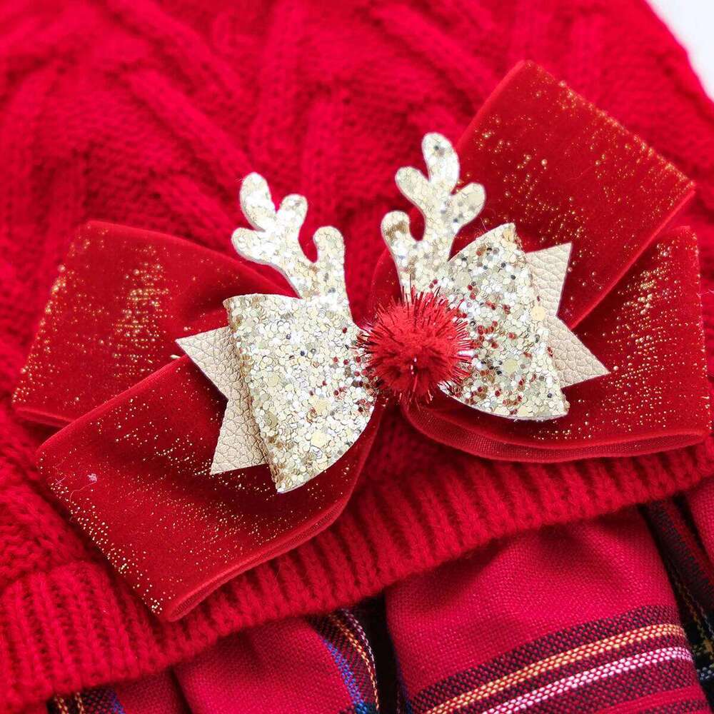 Pet Sweater Cat Dog Red Christmas Dress with Bow Decoration Wool Skirt Knitted Thread 25T1226
