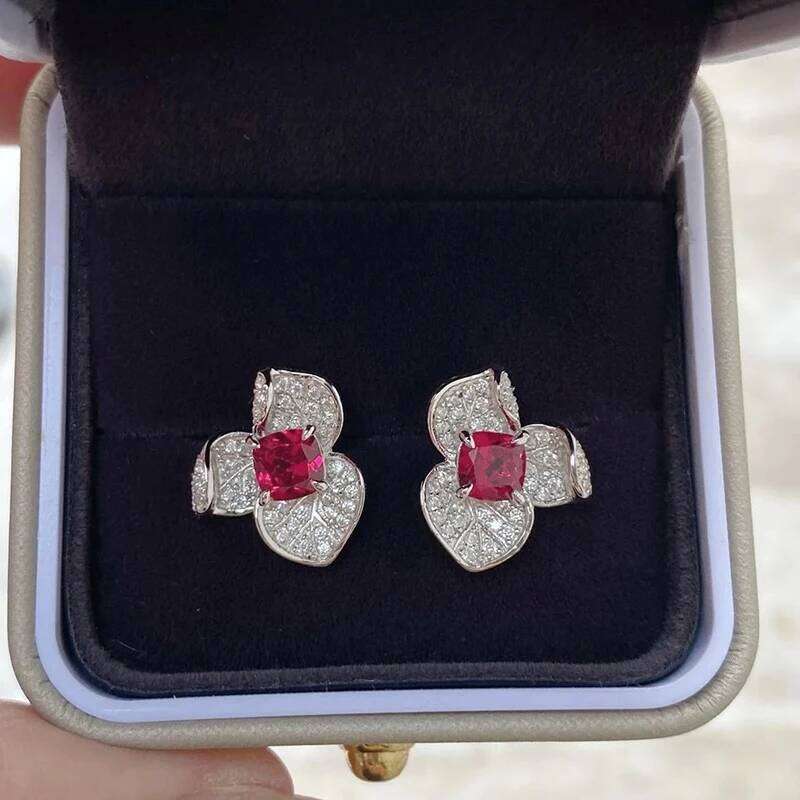 Huitan Newly Designed Red Cubic Zirconia Flower Stud Earrings for Women Aesthetic Female Accessories Gift Bridal Wedding Jewelry