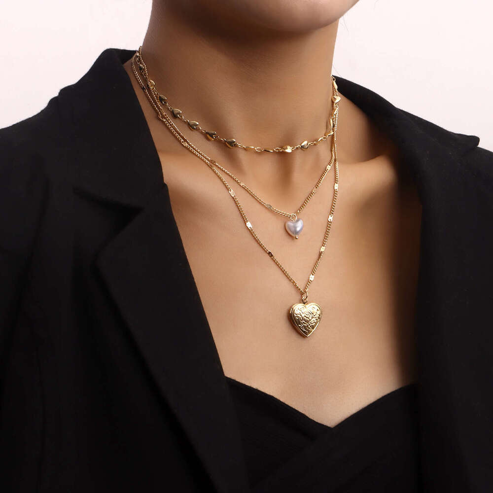 Jewelry Elegant Multi-Layer Chain Pearl Openable Heart Pendant Necklace for Women Ins Style