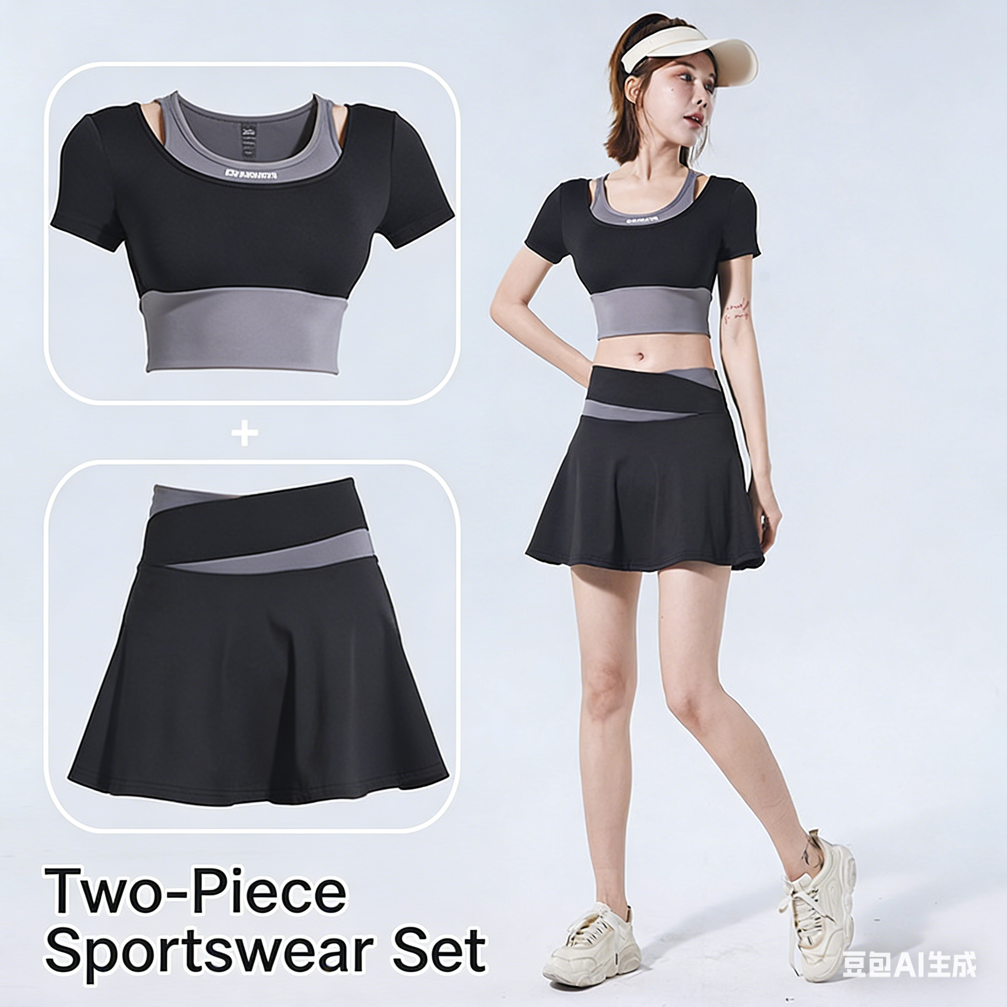 Two-Tone Layered Mini Skirt with Quick-Dry, Anti-Chafing Shorts, High-Stretch, Buttery-Soft, Tight-Fitting Sports Short-Sleeve Running and Fitness Set