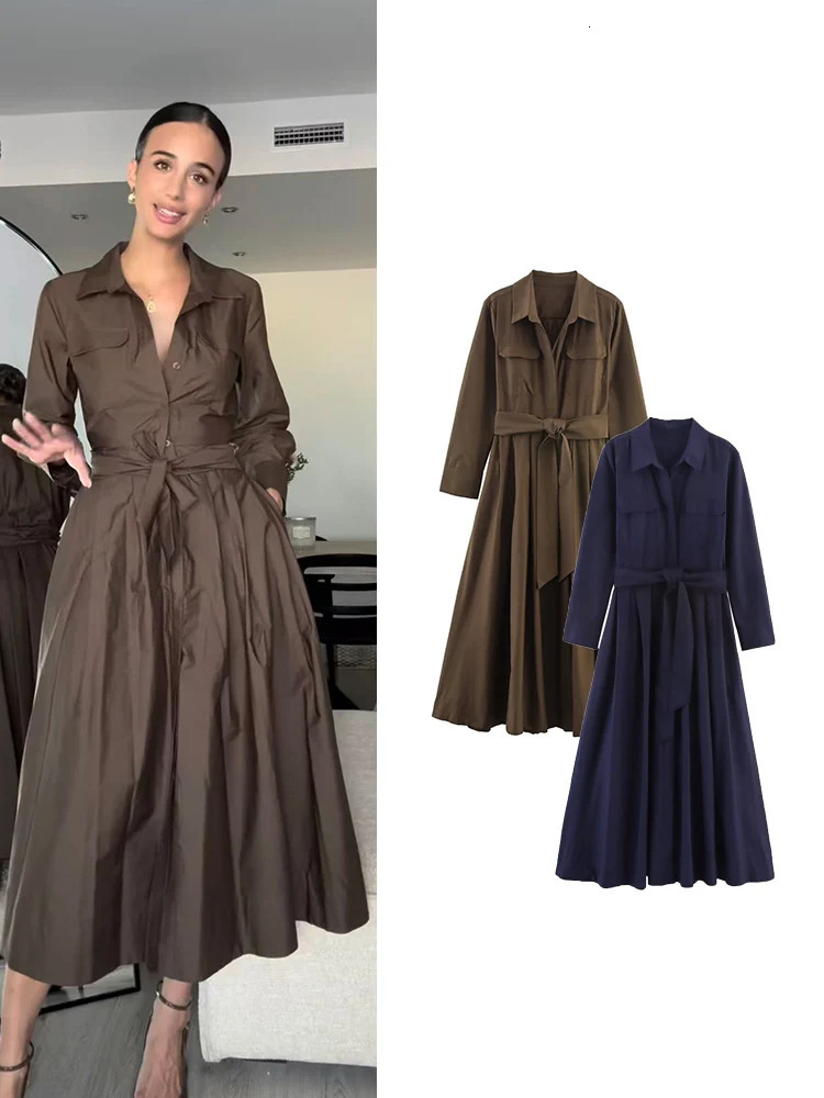 Women Long Sleeve Shirt Dresses With Belt Autumn 2025 Fashion Retro Elegant Button Midi Dresses OL Commuting Clothes 251225
