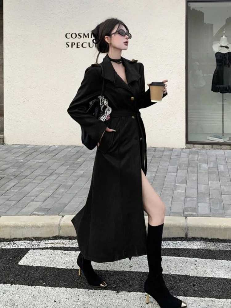 Autumn Vintage Fashion Black Leather Trench Coat Women Gothic Punk Moto Biker Long Jackets Y2k Harajuku Slim Streetwear Tops NewT251226