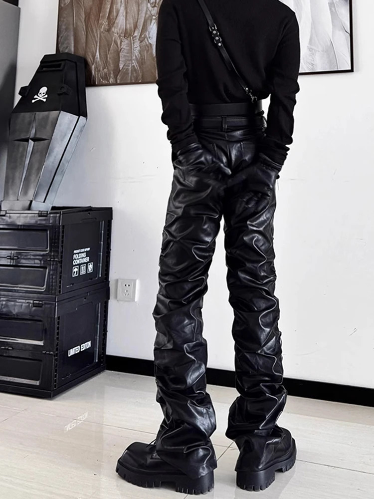 Mauroicardi Spring Autumn Cool Long Ruched Soft Black Pu Leather Stacked Pants for Men y ner Cyberpunk Rock Clothes 251226
