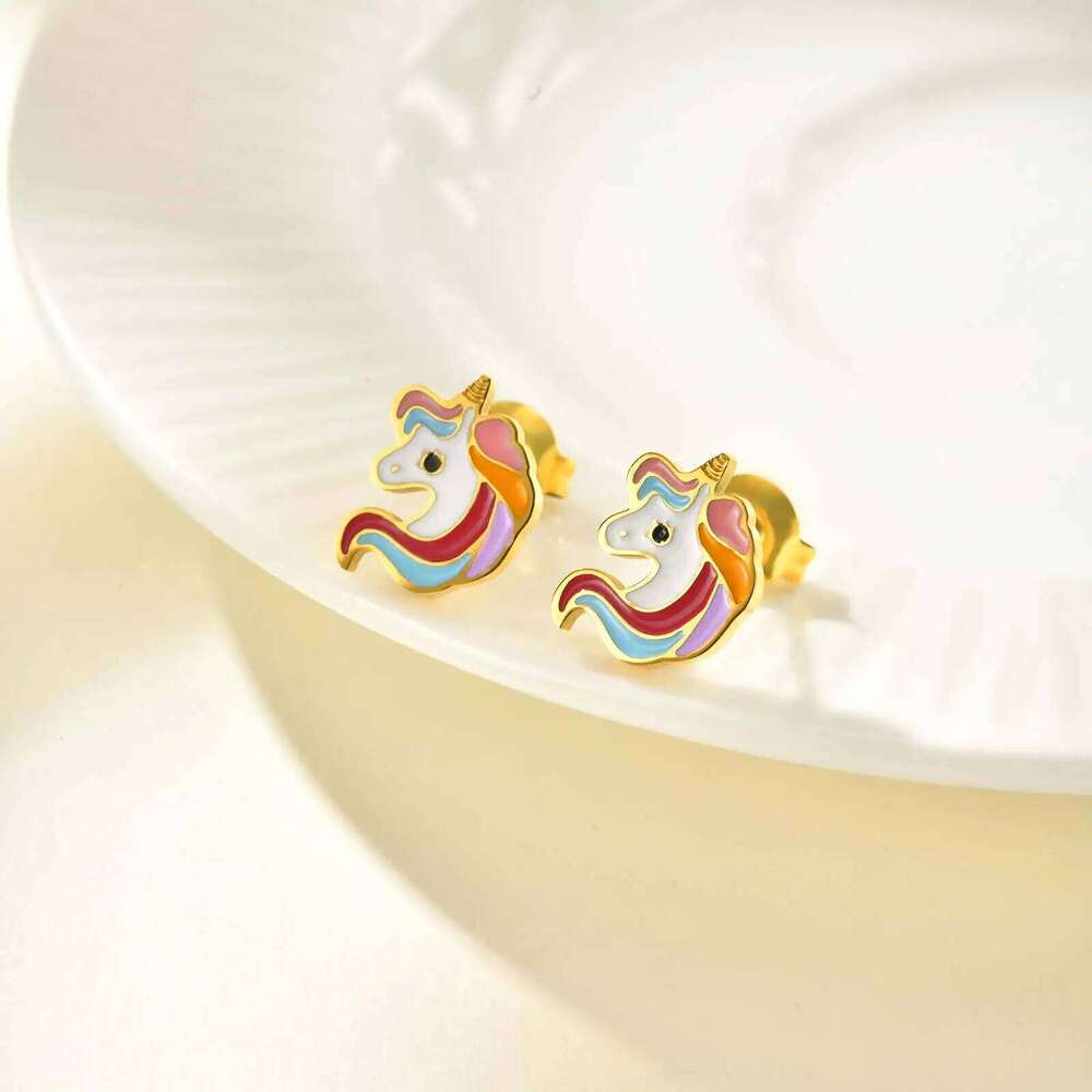 Cute Rainbow Unicorn Stud Earrings for Women Girls,Stainless Steel Insect Beetle Earrings,Charms Jewelry Accessories Gift 25H1226