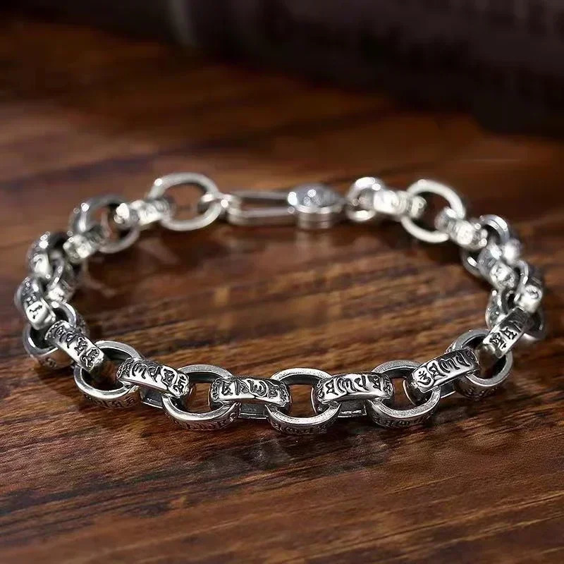 Real Solid S925 Silver Six-Character Mantra Bracelet Men Women Retro Trend Jewelry Gift 251222
