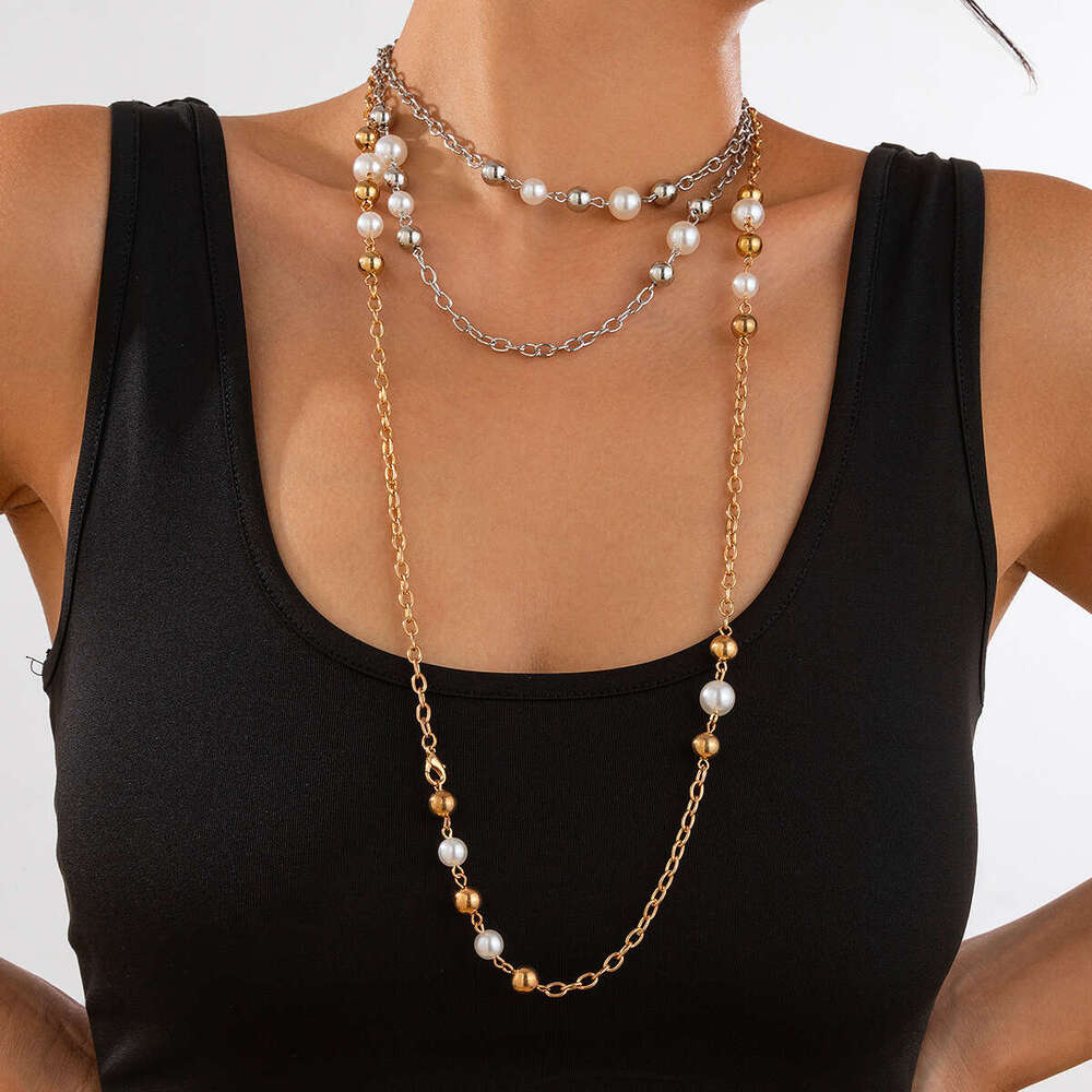 Five-Leaf Pearl Layered Long Necklace Elegant Commuting Wrapped Flower Pendant Sweater Chain for Women