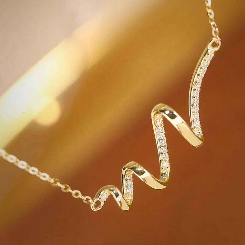 Huitan Aesthetic Wave Shaped Pendant Necklace for Women Wedding Engagement Fashion Accessories Inlaid Shiny CZ Versatile Jewelry
