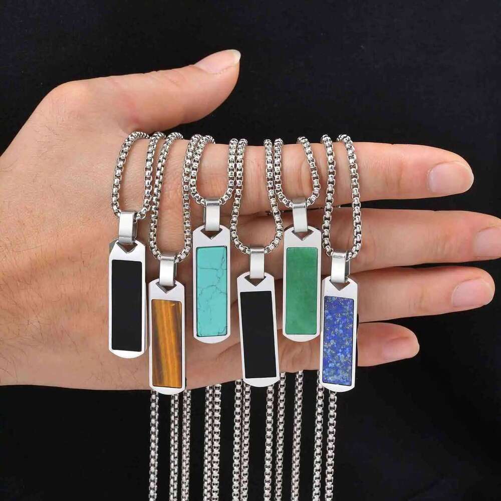 Natural Stone Healing Necklaces for Men,Stainless Steel Rectangular Pendant Necklace,Trendy Hip Hop Birthday Jewelry Gift 25N1226