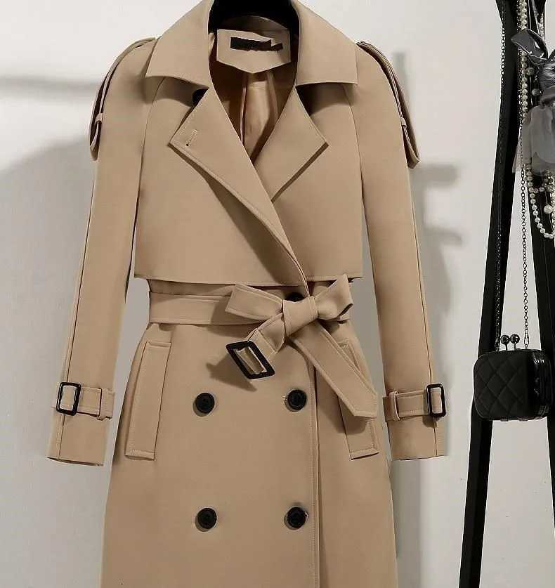 Women Trench Coat Jacket Windbreaker Turn Down Collar Double Breasted Belt Mid Length Outerwear Autumn Winter Female OvercoatT251226
