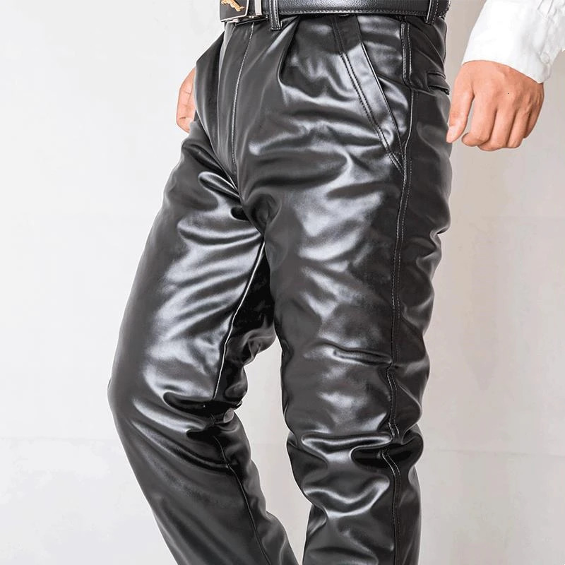 Winter Fleece Liner Motorcycle Pants Men High Waist Warm Windproof Waterproof Pu Leather Mens Straight Trousers Plus Size 251226