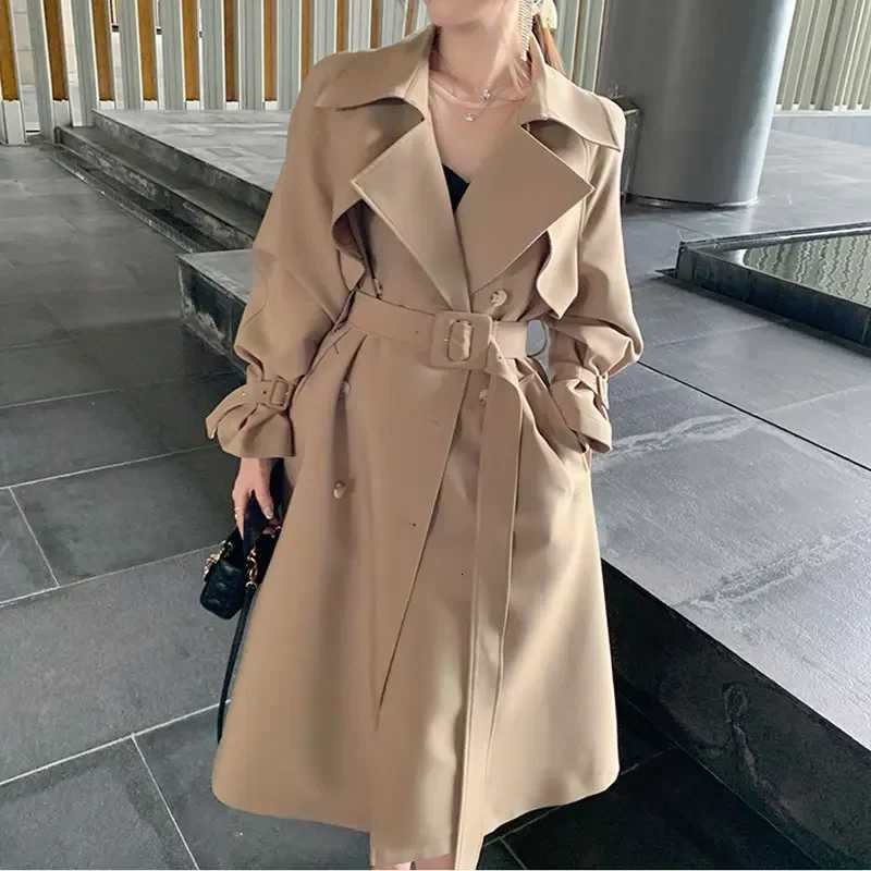 Women High-end Khaki Trench Coat Spring Autumn New Ladies Cloak Wear A Belt Satin Fabric Lined Trench Coat Female WindbreakersT251226