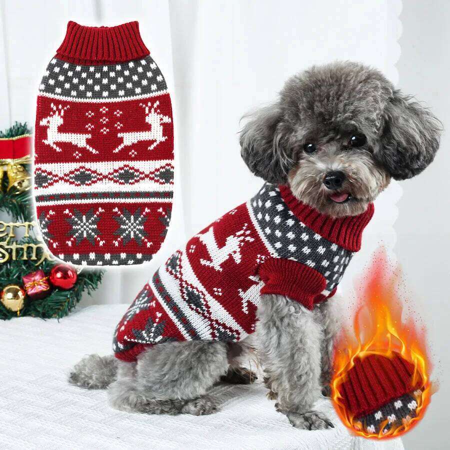 Christmas Dog Sweater, Warm Knitwear with Reindeer Snowflake Patterns, Winter Coat for Small Dogs and Cats, Xmas Gift 25T1226