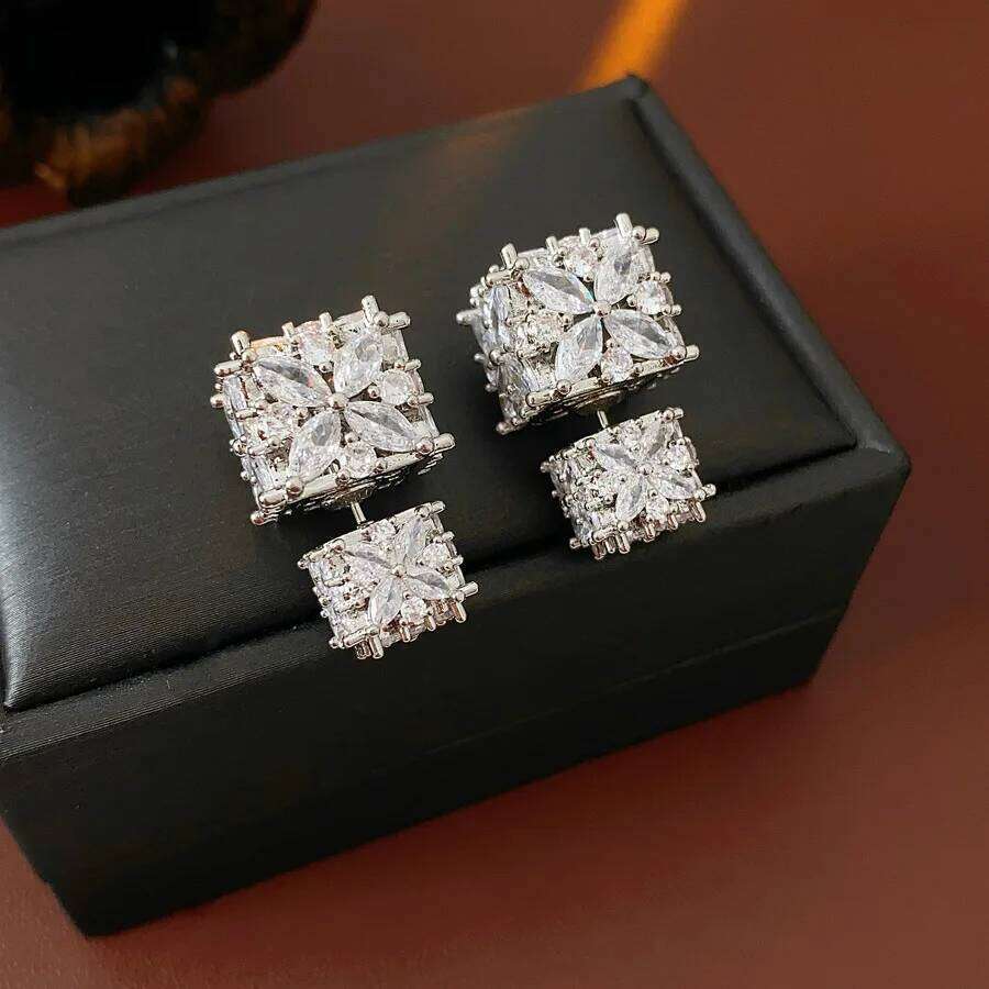 Shiny Cubic Square Full Zircon Stud Earrings Women Dual-style Silvery Hollow Ear Studs Girls Jewelry Gifts for Friends C1 25H1226