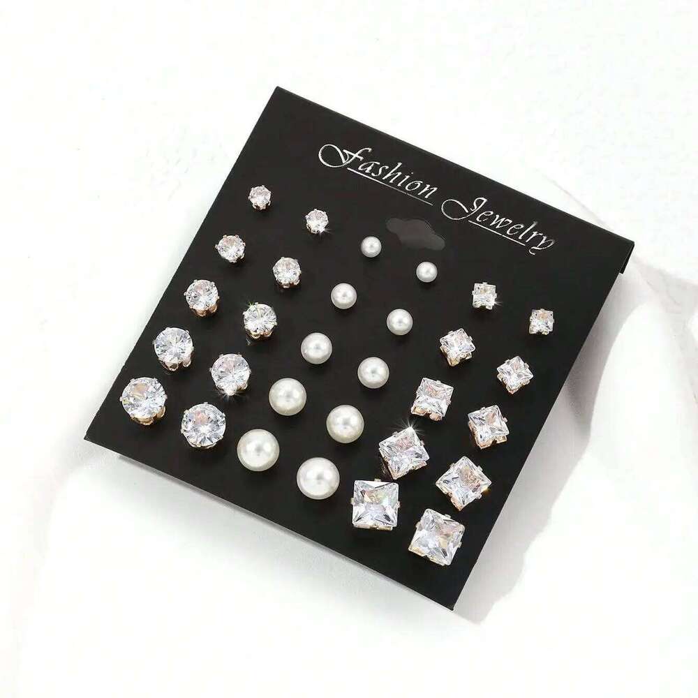 15pairs Cubic Zirconia & Faux Pearl Decor Stud EarringsSuitable for Holidays, Parties, Dates, Gifts, Everyday Wear 25H1226