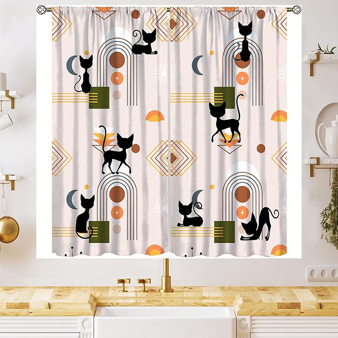 YL-38049 New Simple Geometric Pattern Cute Cat Print Curtain for Kitchen, Cafe, and Restaurant Decoration