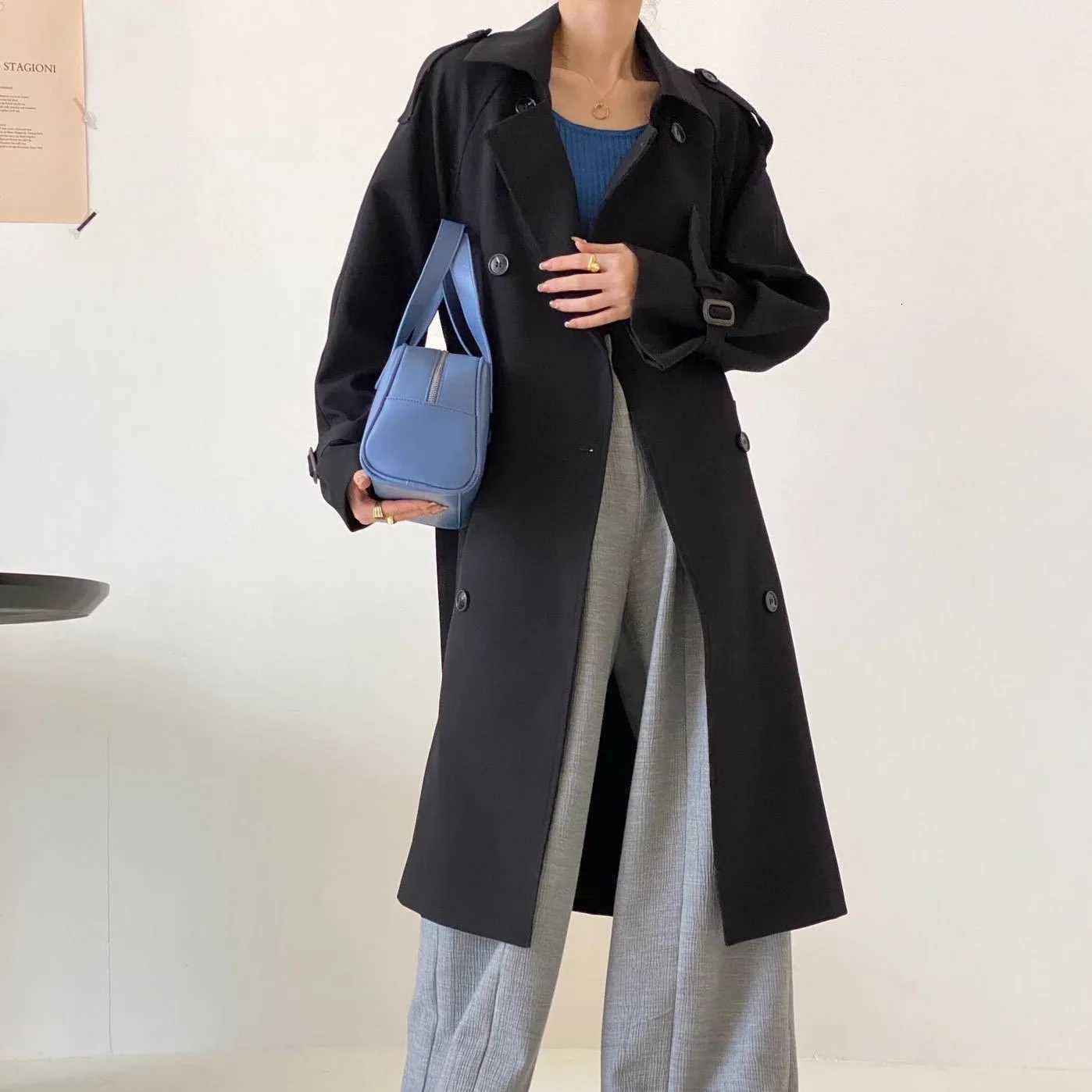 Women Solid Trench Long Sleeve Jacket Double Breasted Coats Cardigan Outerwear Spliced Loose Fit 2025 Pockets Basics AutumnT251226