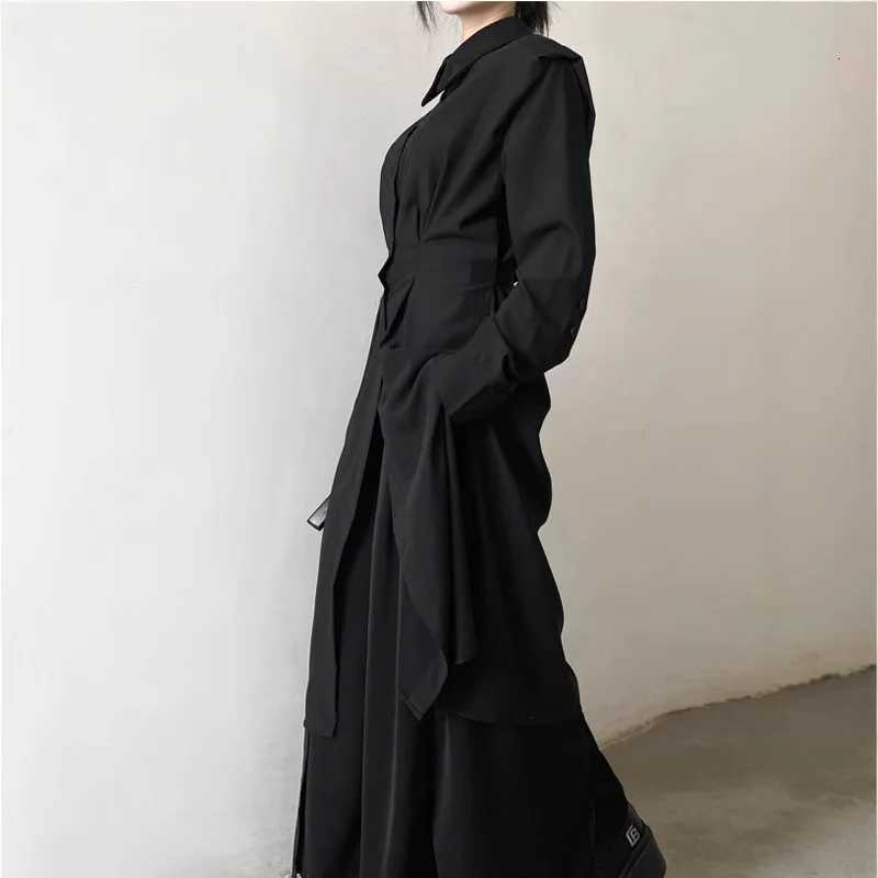 Fashion Womens Long Trench Shirt Dress Minimalism Black Dark Style Y2k Punk Streetwear Casual Womens Clothes YY Japan StyleT251226