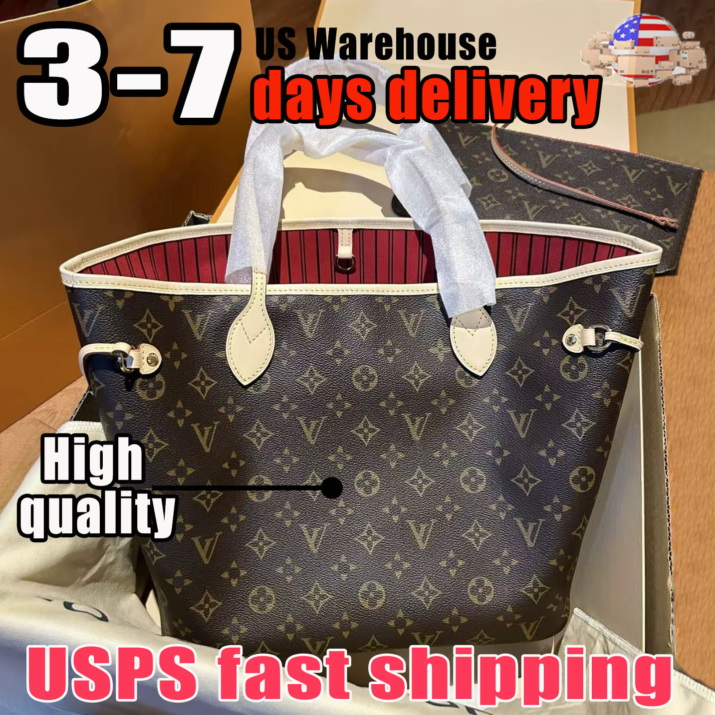 10A Designer bag louisvuinton bag Neverfull women fashion crossbody bag classic brown embossed handbag letter print Luxury bag Large capacity shopping tote bag