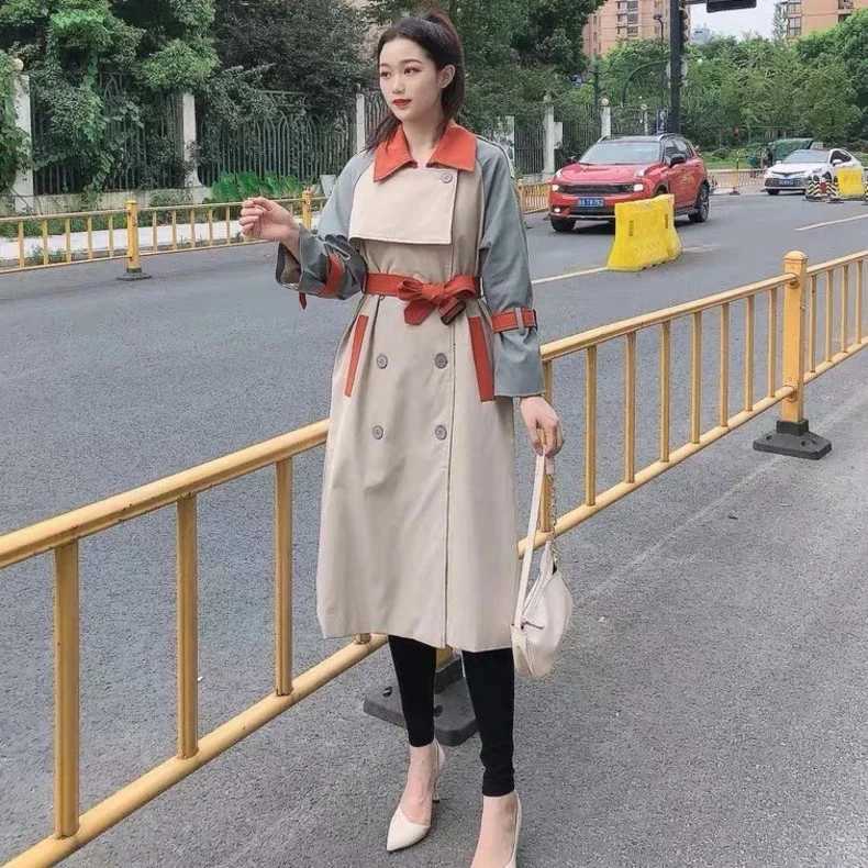 Women Fashion Stitching Contrast Color Trench Coat Ladies Streetwear Trendy Lapel Long Sleeve Double Breasted Jackets OuterwearT251226