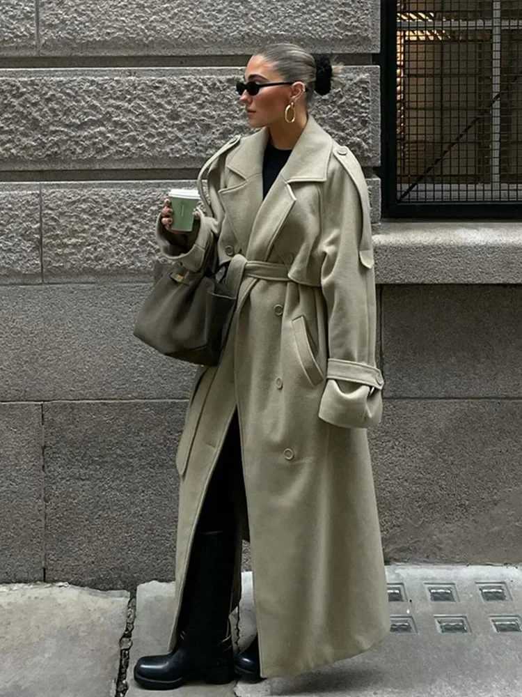 Street Double Breasted Belt Overcoat Women Loose Solid Lapel Full Sleeve Pocket Long Jacket 2025 Autumn Winter Lady Trench CoatT251226