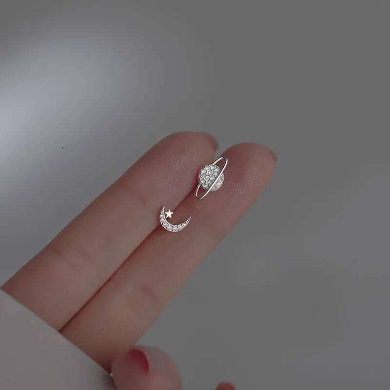 Simple Zircon Star Moon Stud Earrings for Women Gold/Silver Color Asymmetry Ear Pendants Fashion Jewelry 25H1226